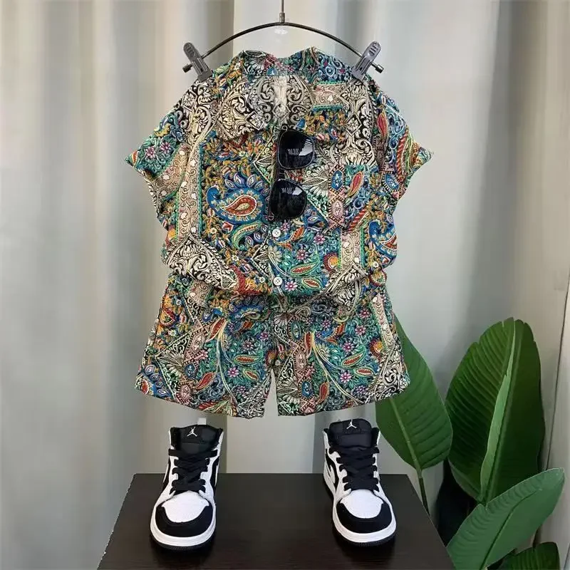 Kids Boys Pi Shuai Shirt Set 2023 New Fashionable Baby Summer Flower Shirts Childrens Cool Shuai Blast Street Two Piece Set