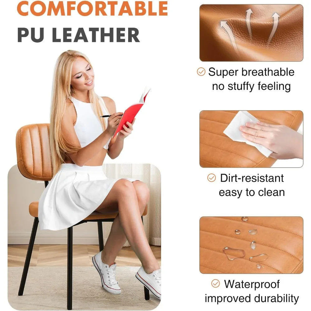 Ensemble de 4 chaises de salle à manger, chaises d'appoint rembourrées pour cuisine moderne du milieu du siècle, avec siège coussin en simili cuir et pieds en métal