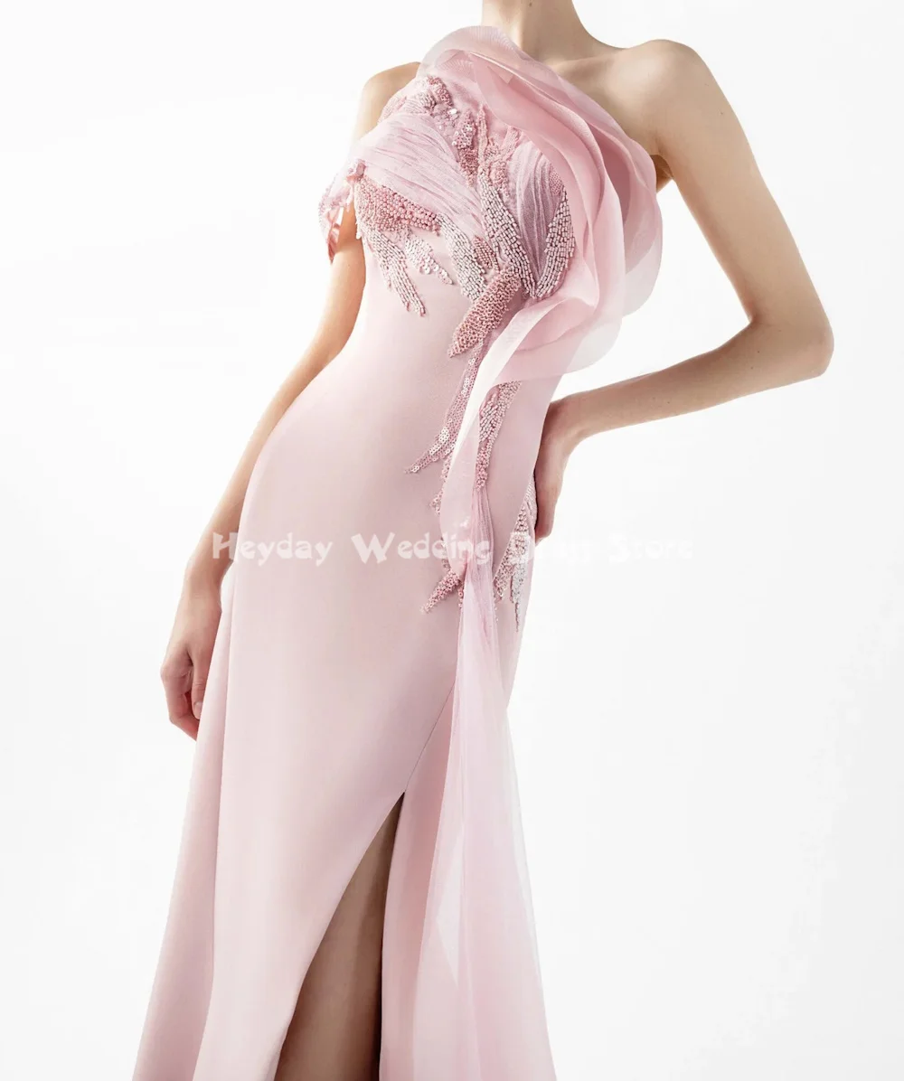 헤이데이 여성용 스트랩리스 비즈 장식 스플릿 머메이드 럭셔리 두바이 이브닝 드레스 짧은 소매 티어드 러플 우아한 드레스 2025