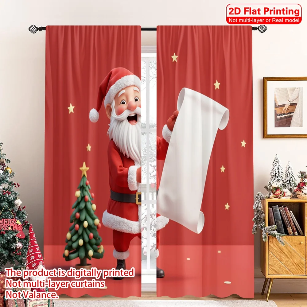 

2pcs 2D flat printing Merry Christmas Party Curtains Santa Christmas List Stars Polyester Fabric Without Electricity Festive