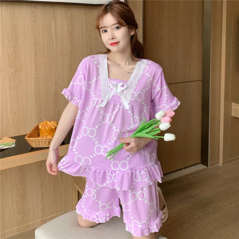 New Ladies Pajamas Women Summer Short-Sleeved Pyjamas Students Thin Section Lace Leisure Can Be Worn Outside the Home Clothing