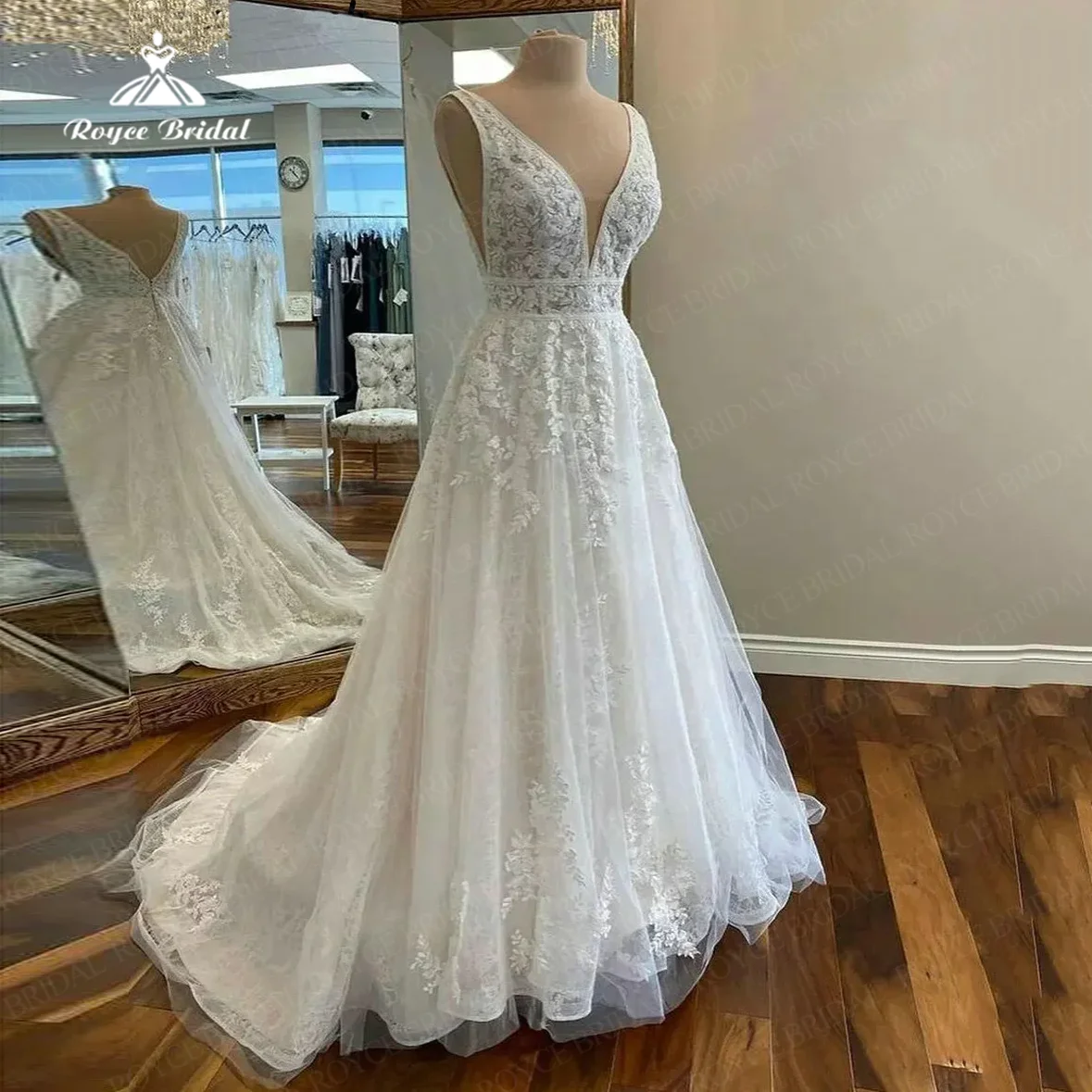 

Великолепное свадебное платье А-силуэта с V-образным вырезом, Кружевная аппликация из тюля 2024, уникальные свадебные платья с открытой спиной и пуговицами, шикарные платья