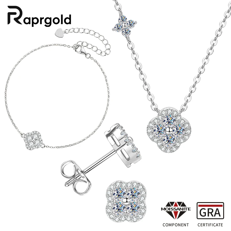 

RAPRGOLD 14K Gold Filled Round Moissanite Four Leaf Clover Stud Earrings Necklace Bracelets Jewelry Set for Women Wedding Gifts