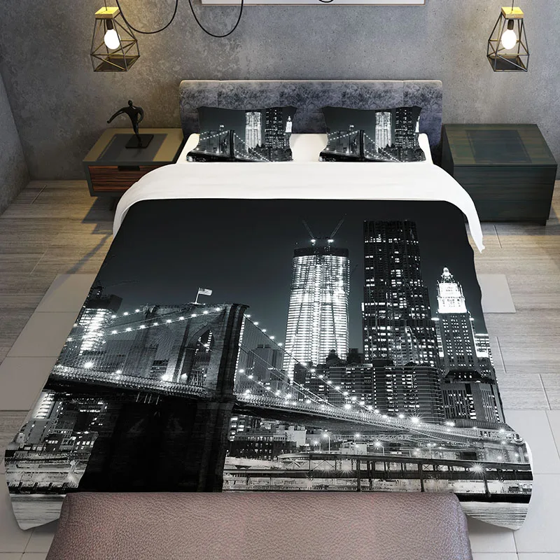 Printing Quilt  cover set 3 pcs Cover King Size Vintage City Night View Black White Urban Bedding Set Double Single Home Textile
