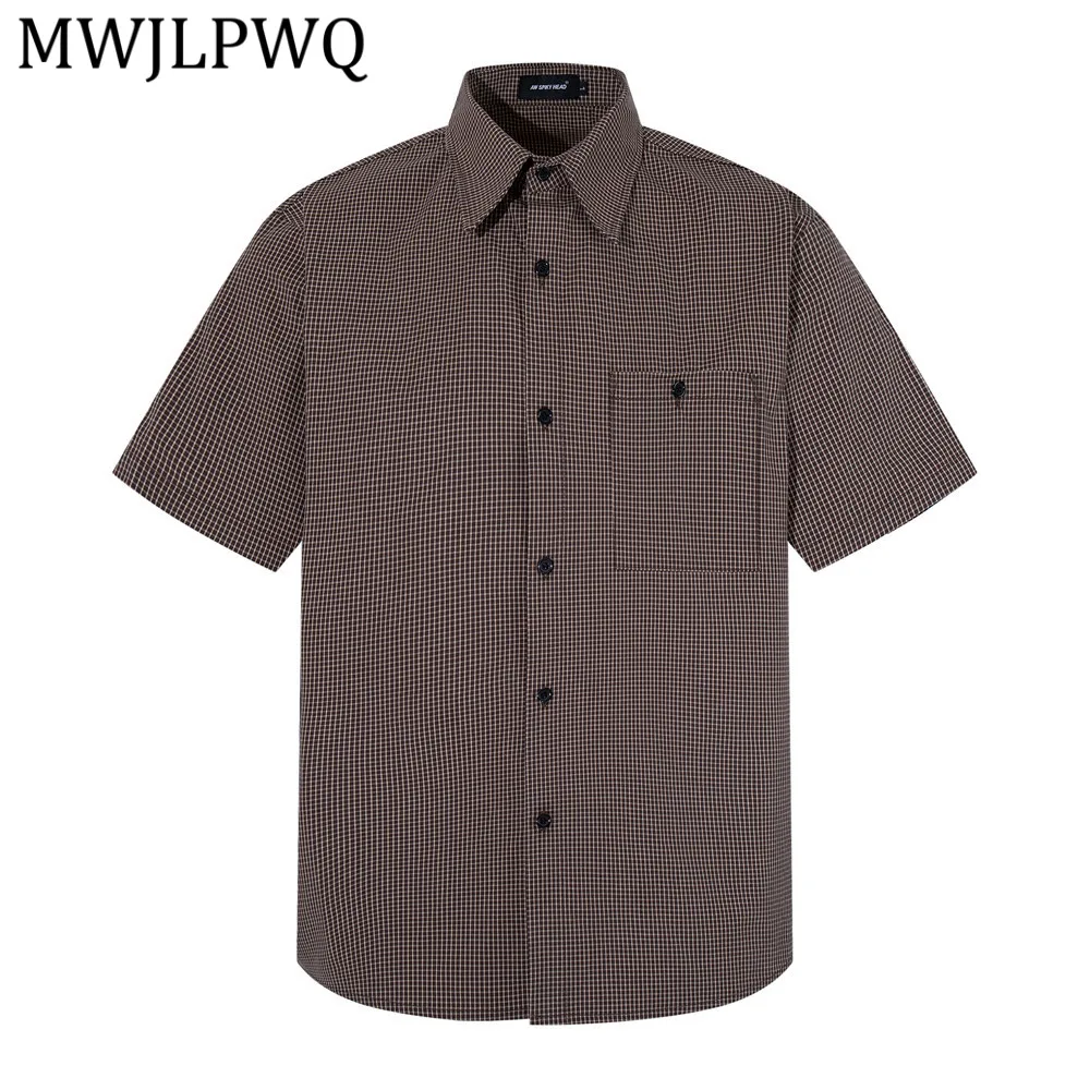 

MWJLPWQ Plaid Short-Sleeve Men's Shirts Casual Vibe American Trendy Style Lapel Versatile Loose Fit Tops Spring Summer 14059