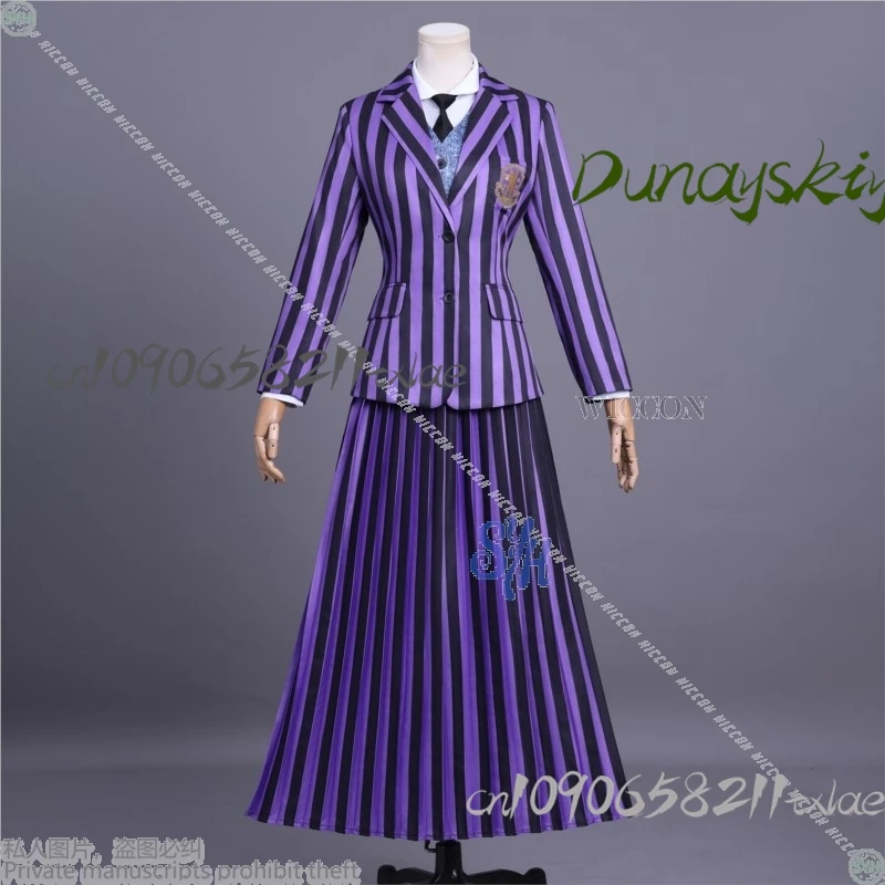 Agnes Cosplay nunca Anime película más disfraz uniforme escolar gótico negro púrpura rayas abrigo vestido Lolita Halloween Navidad Cos