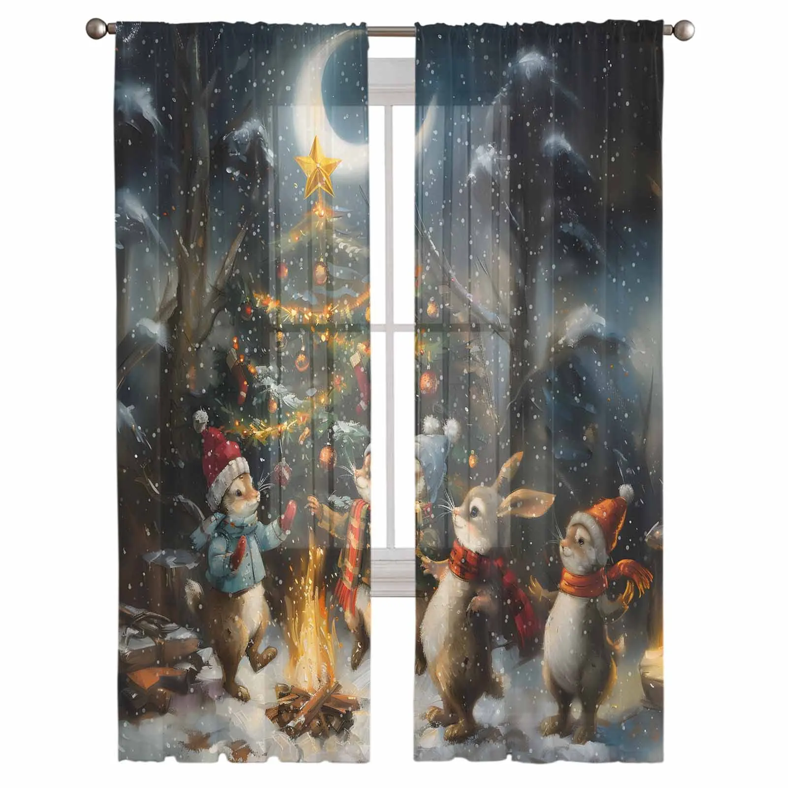 Christmas Tree Colorful Forest Moon Bonfire Animals Sheer Curtains For Living Room Modern Valance Kitchen Tulle Curtains