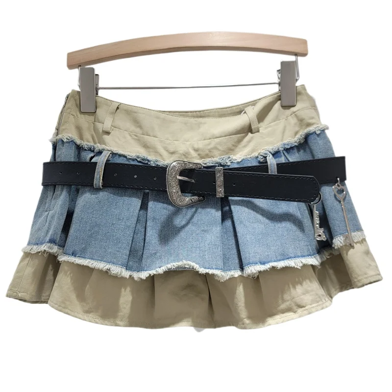 Fashion Women's Skirt Versatile Irregular American Design Pleated Spice Girl Short Skirt Niche Splicing Denim Mini Skirt