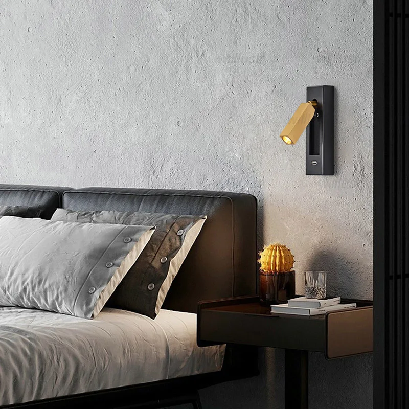 Creative Gold Black Metal Wall Lamp LED USB Sconce Hotel Cafe Bar Bedside Embedded Aluminum Cylinder Cuboid Reading Lighting