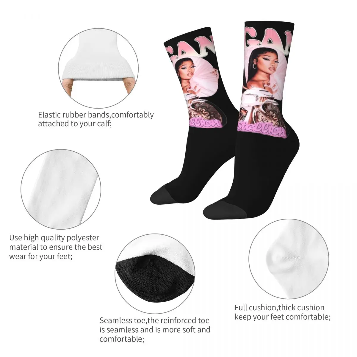 Megan Thee Stallion Rapper Bootleg Design Theme Crew Socks Merch for Women Compression Dress Socks