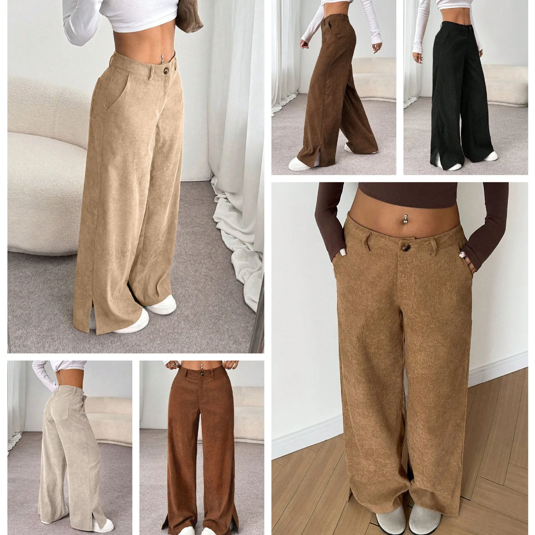 

Women Baggy Pants Corduroy Trousers Front Pocket Wide Leg Pants Brown Waist Black Straight Cut Pants