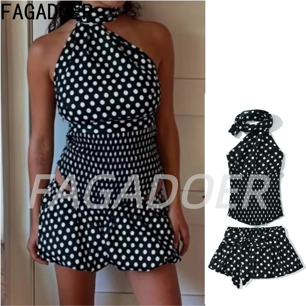 

FAGADOER Sweet Polka Dot Bubble Puff Skirt Sets Fashion Ruched Plaid Y2K Halter Crop Top + Bandage Belt Mini Skirt Outfits 2026