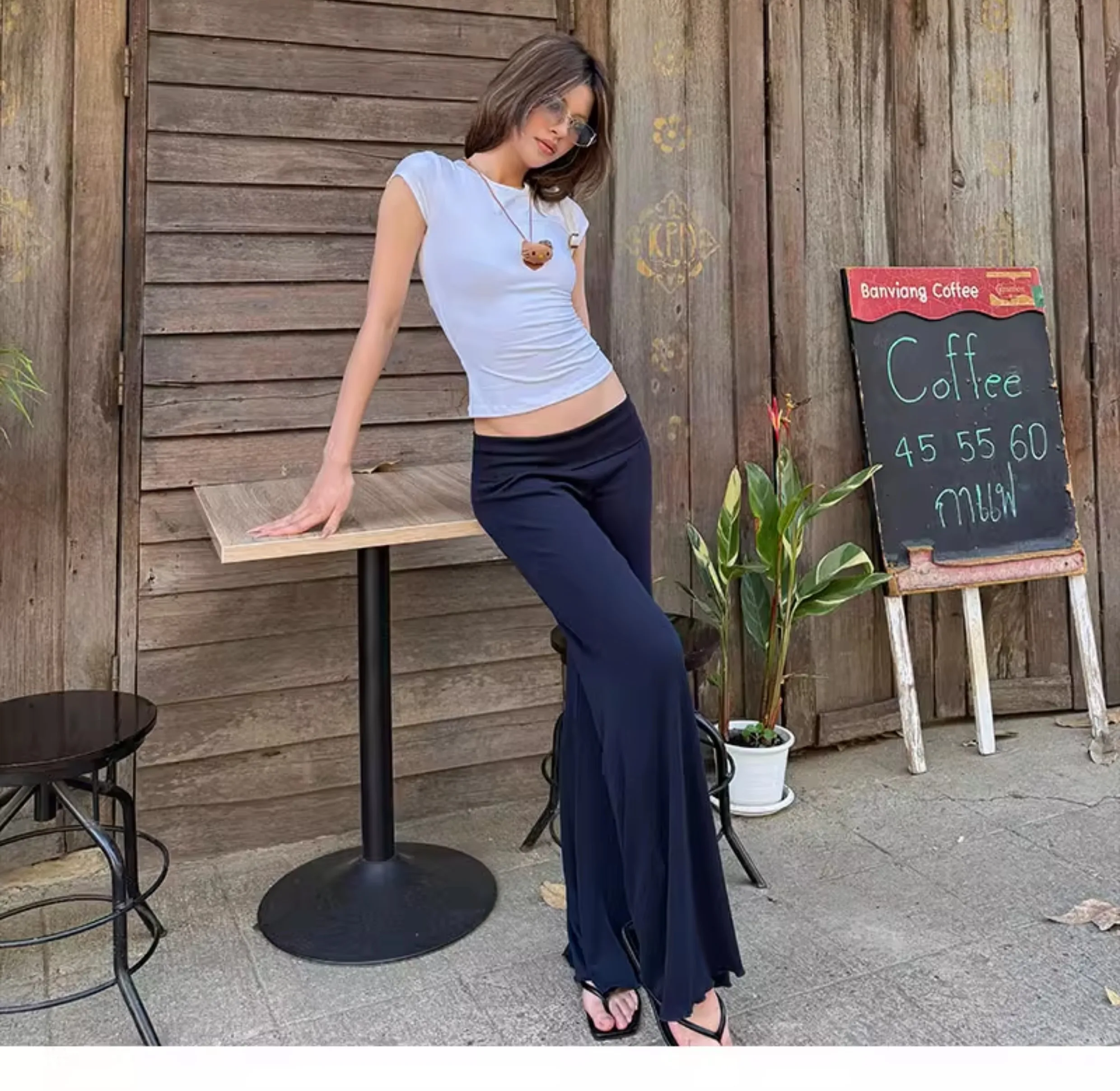 Women Fold Waist Cuff Flare Pants