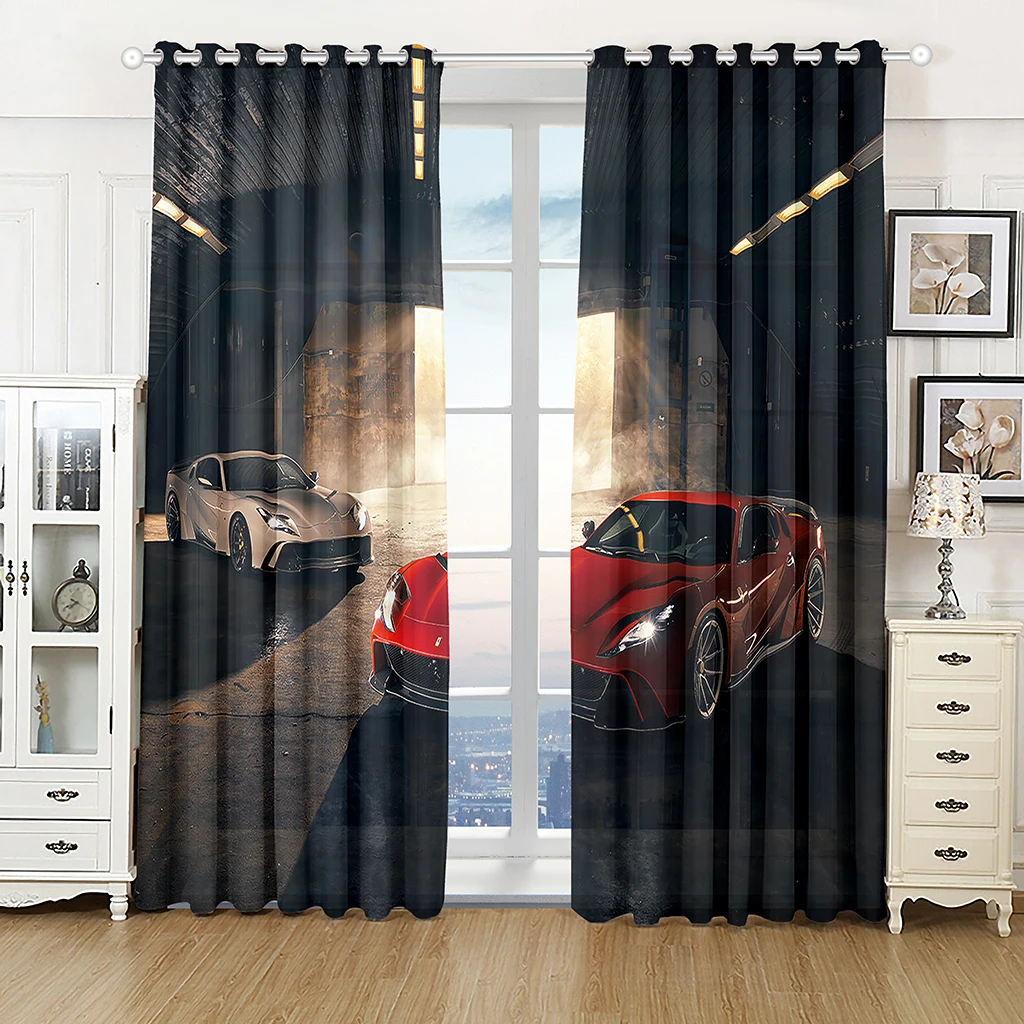 2 panel Red Black Sports Car Racing Print Curtain Large Size Curtain for Boys Bedroom Living Room Floor-to-ceiling Window Drape