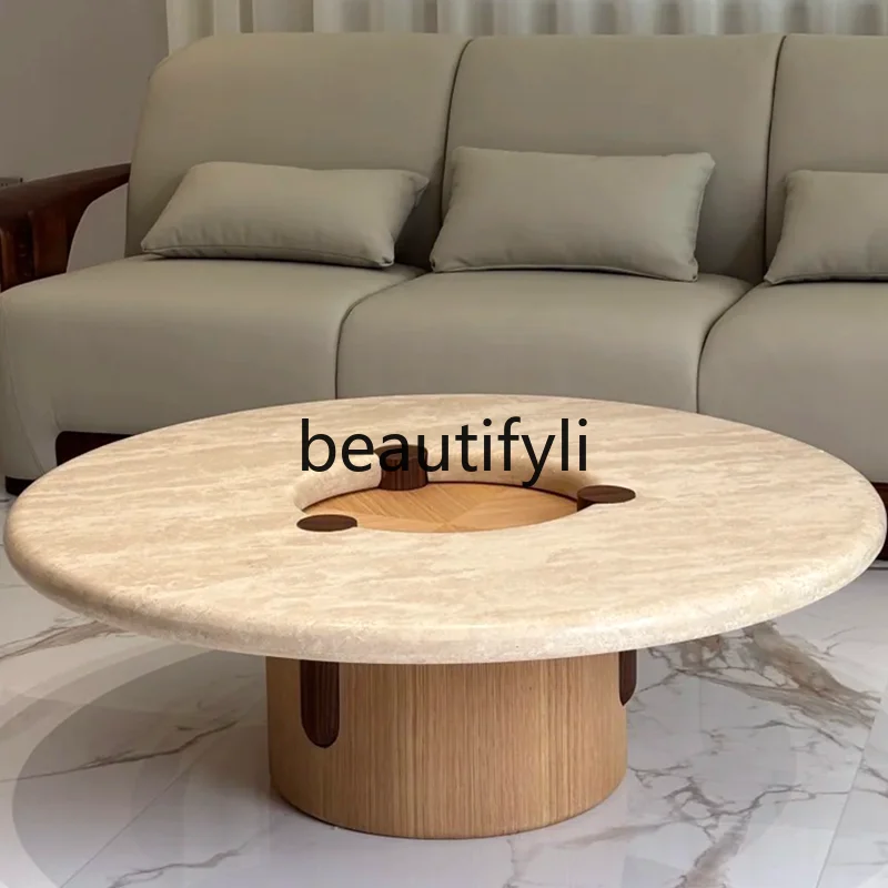 

Medieval natural travertine round coffee table French retro modern simple Italian natural marble black walnut coffee table