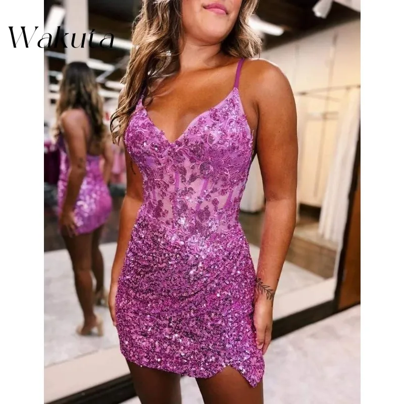 Wakuta Sparkly Sequin Homecoming Jurk Corset Korte Prom Jurk V-hals Strakke Cocktail Party Vestidos De Fiestas Elegantes Mujer