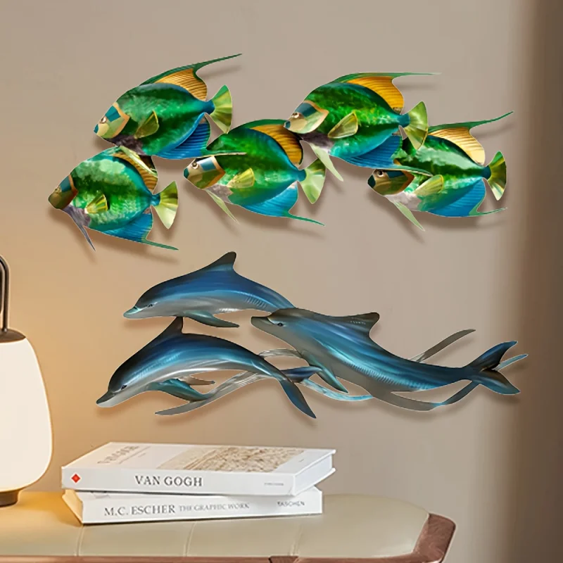 CIFBUY 2D Iron Tropical Fish Dolphin Wall Sign, Gradient Painted Sea Creature Metal Wall Art, Bathroom Wall Ornament