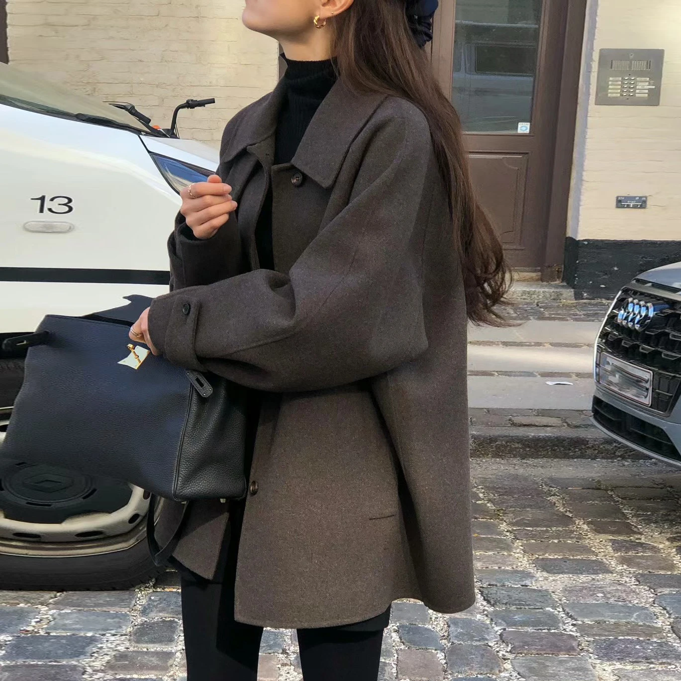 Elegant Vintage Turn-down Collar Single-button Mid-length Woolen Coat Cleanfit Straight-cut Online Exclusive Polyester Fiber
