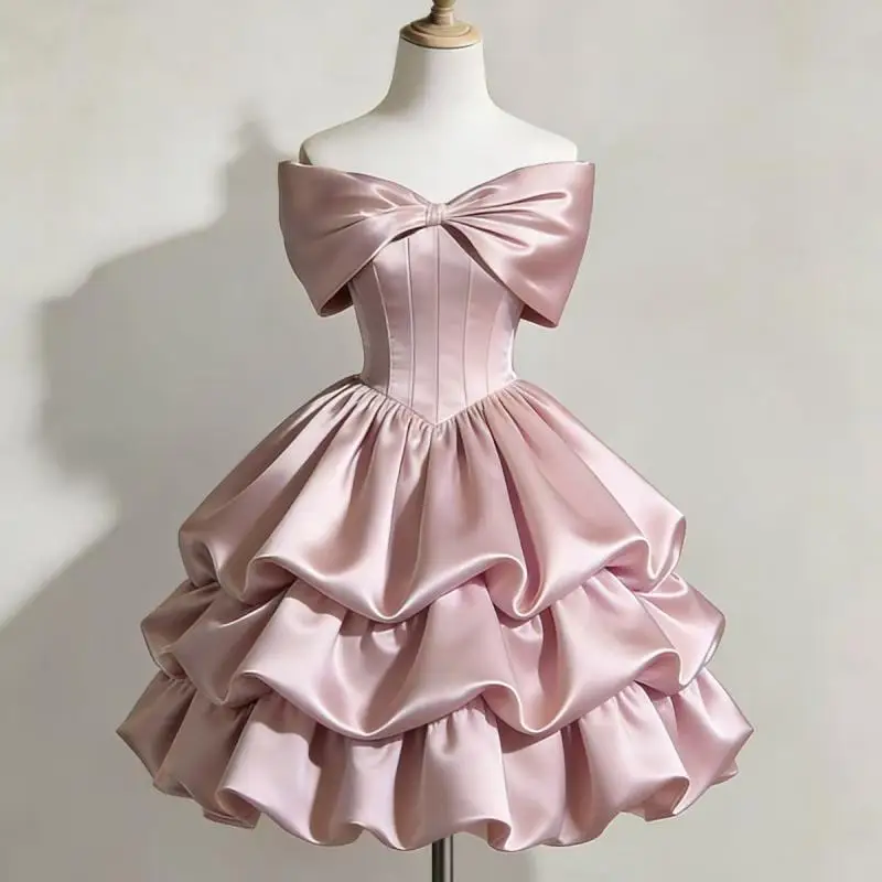 Elegant Pink Satin Mini Dress Off Shoulder Large Bow Corset Tiered Ruffle Short Gown for Wedding Photoshoot Special Occasions