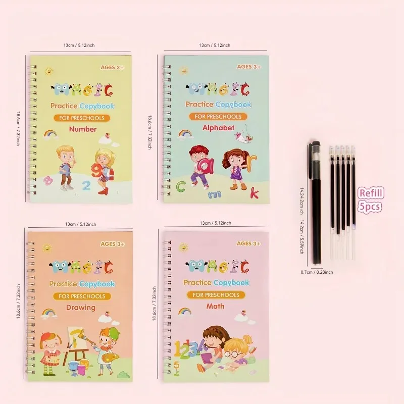 4-Pack Children's Magic Practice Copybooks Set with Pen Reusable 3D Groove Writing Pad Kids Workbooks for Handwriting