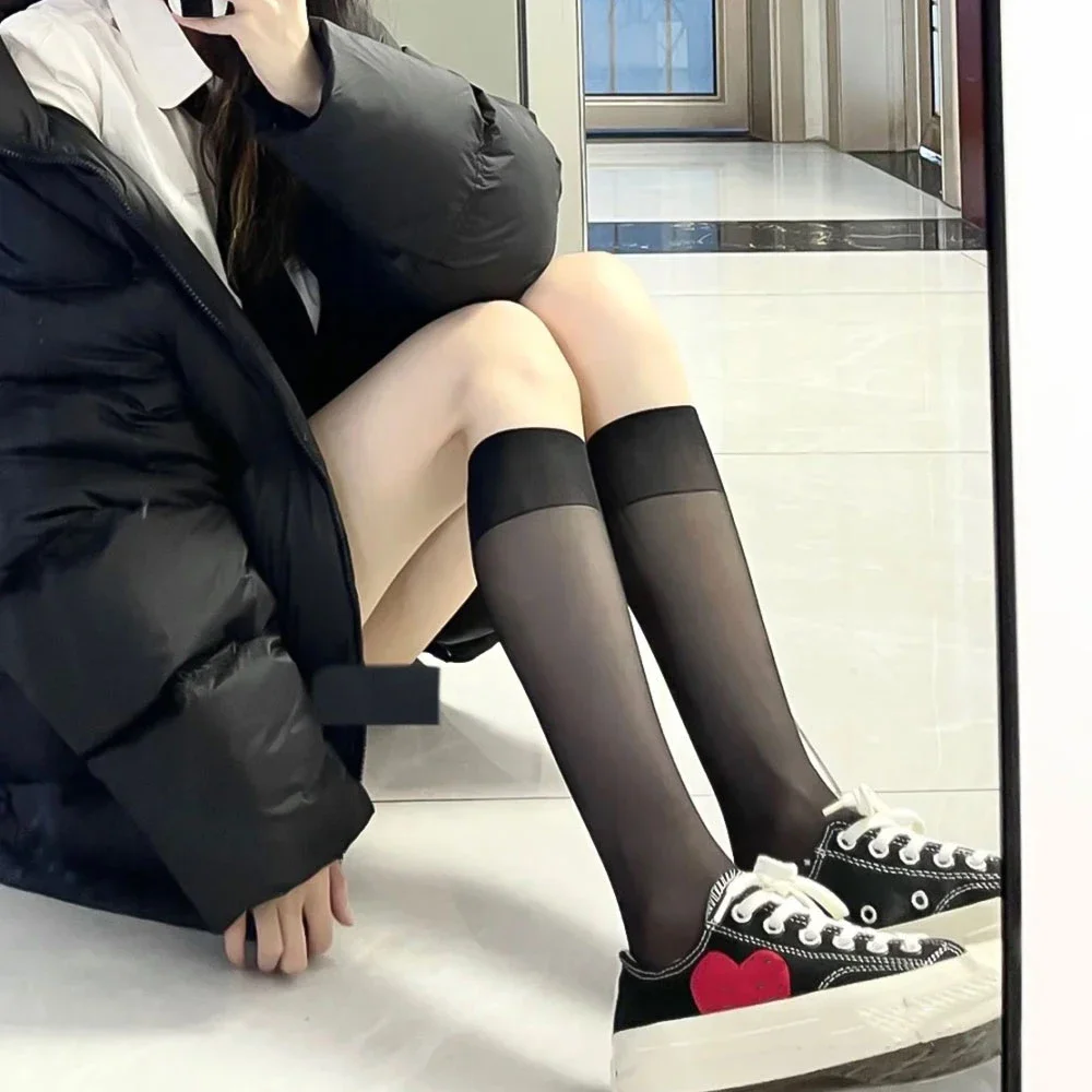 Sexy Knee High Socks Woman Lolita Thin Black White Long Sock Spring Summer Fashion JK Cosplay Nylon Transparent Stockings