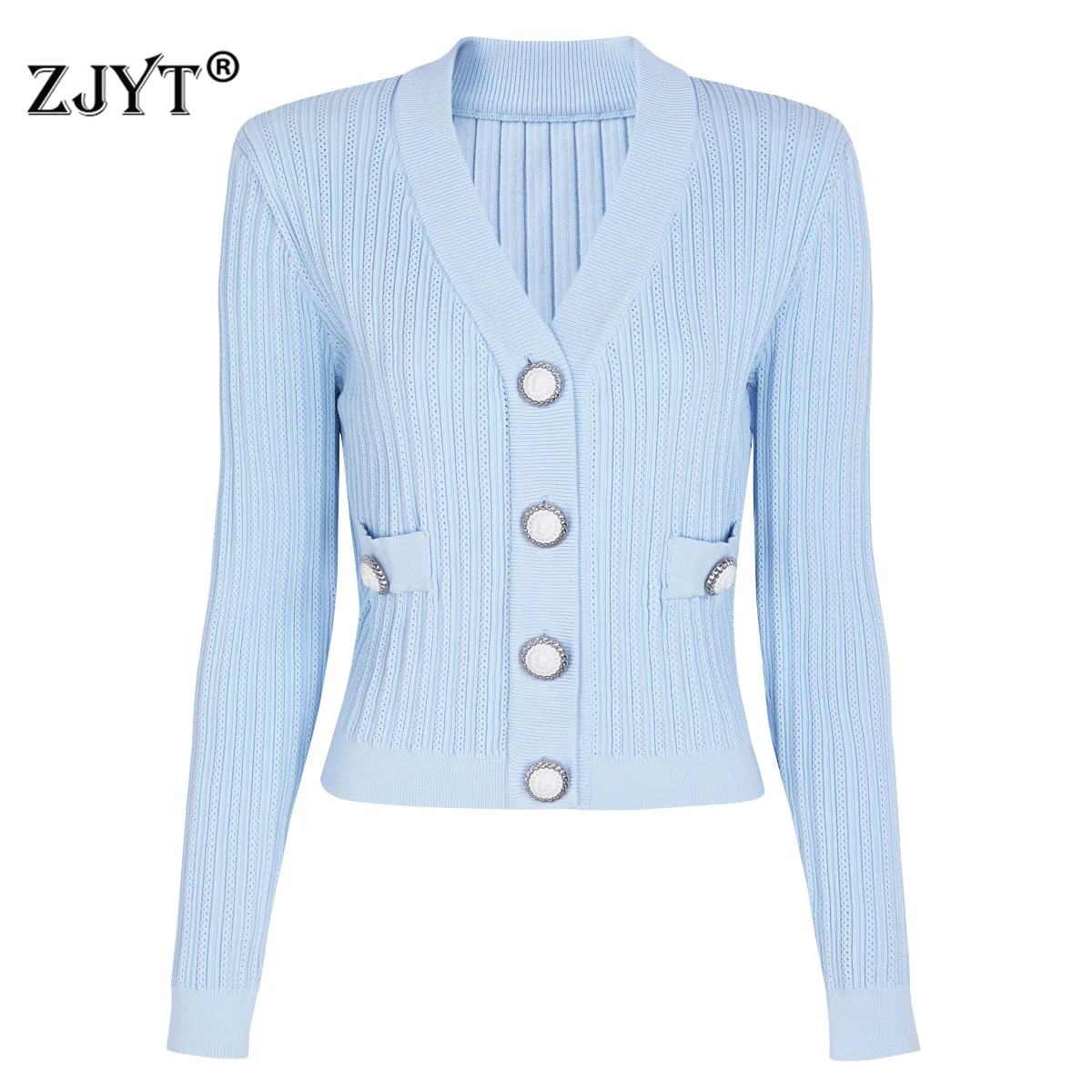 

ZJYT Autumn Winter Women's V Neck Cardigans Coat Knitted Top Long Sleeve Elegant Casual Blue Female Knitwears Jersey 2025 New