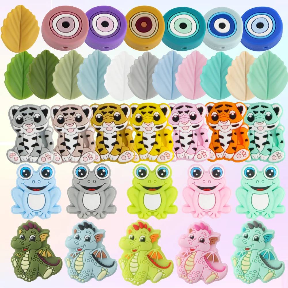 

15pcs Leaf Tigers Frogs Dinosaurs Cartoon Silicone Beads For Jewelry Making DIY Pacifier Chain Accessories Charms For Bracelet