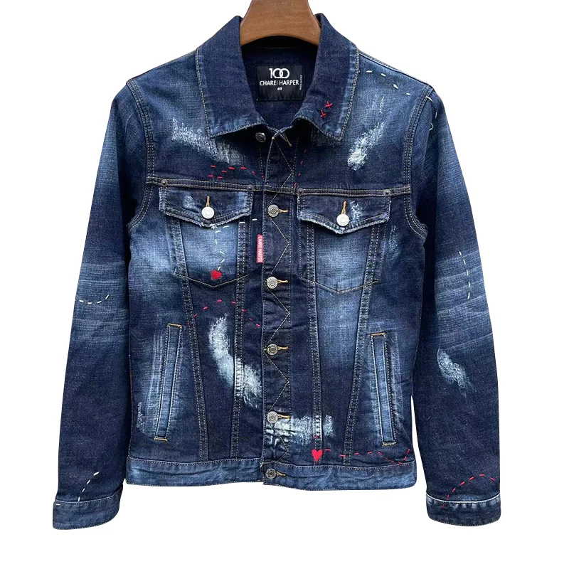 

100 CHAREI HARPER 1912 winter men's denim jacket heavy craft jacket torn patches washed splash ink high quality hipster men