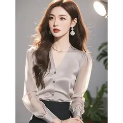 Women Spring Summer Elegant Temperament Satin Solid Color V-neck Long Sleeve Shirts Ladies Simplicity Office Lady All-match Tops