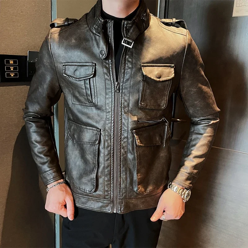 Vintage Style Coat for Rock and Roll Lovers Men Leather Jacket Fashionable Motorcycle Jacket for Men Retro Men's Leather Jacket