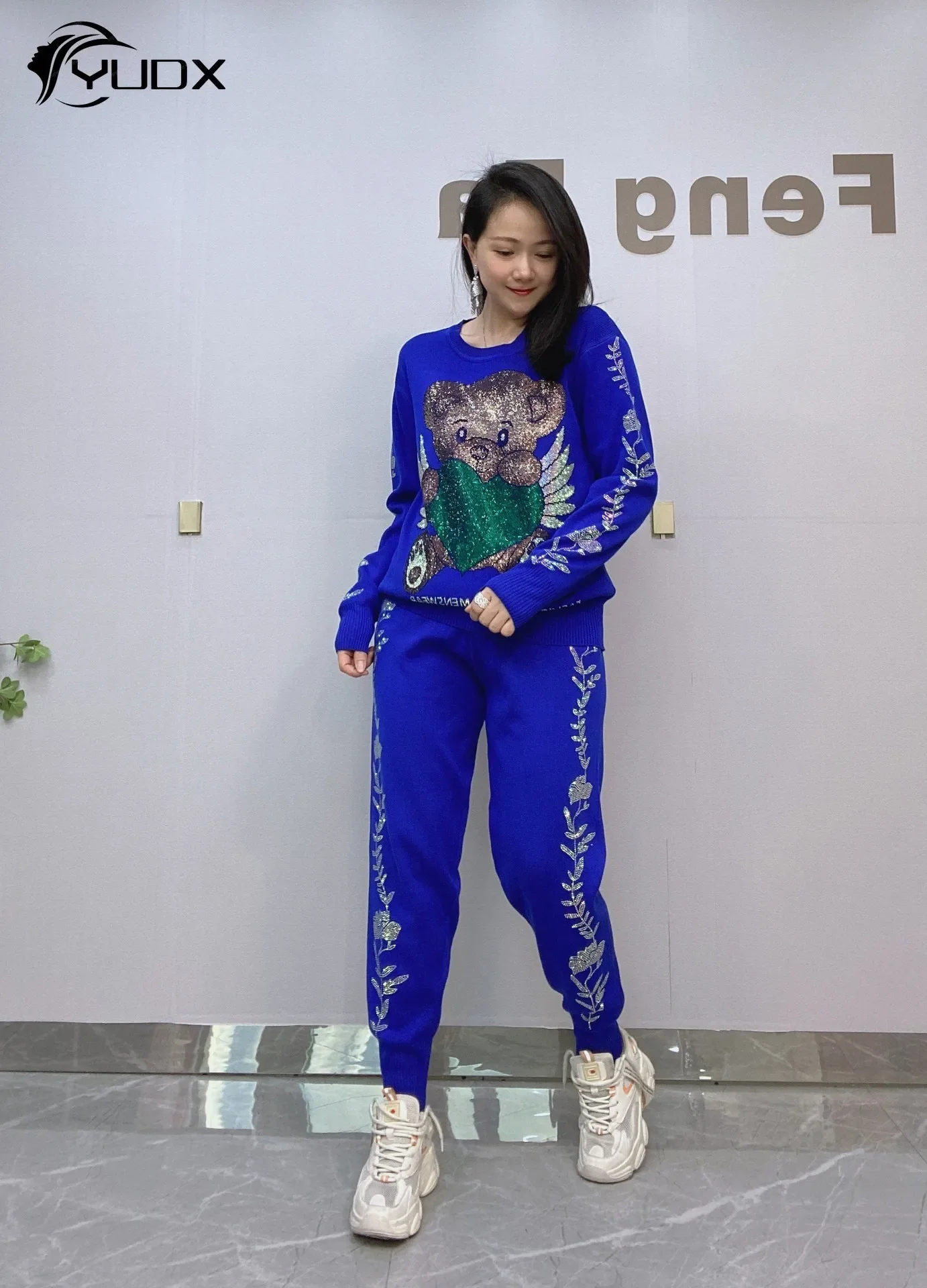 2024 New Spring Women Knitted Two-piece Set Cute Bear Hot Drilling Loose Pullover Sweater Top + Casual Harem Pants Sports Suits