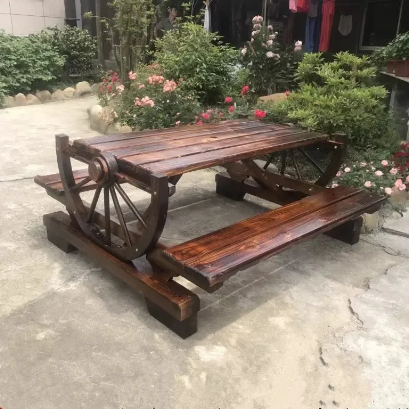 

-Solid Wood Carbonization Anticorrosive One-piece Wheel Tables And Chairs Outdoor Balcony Dining Table And Chair