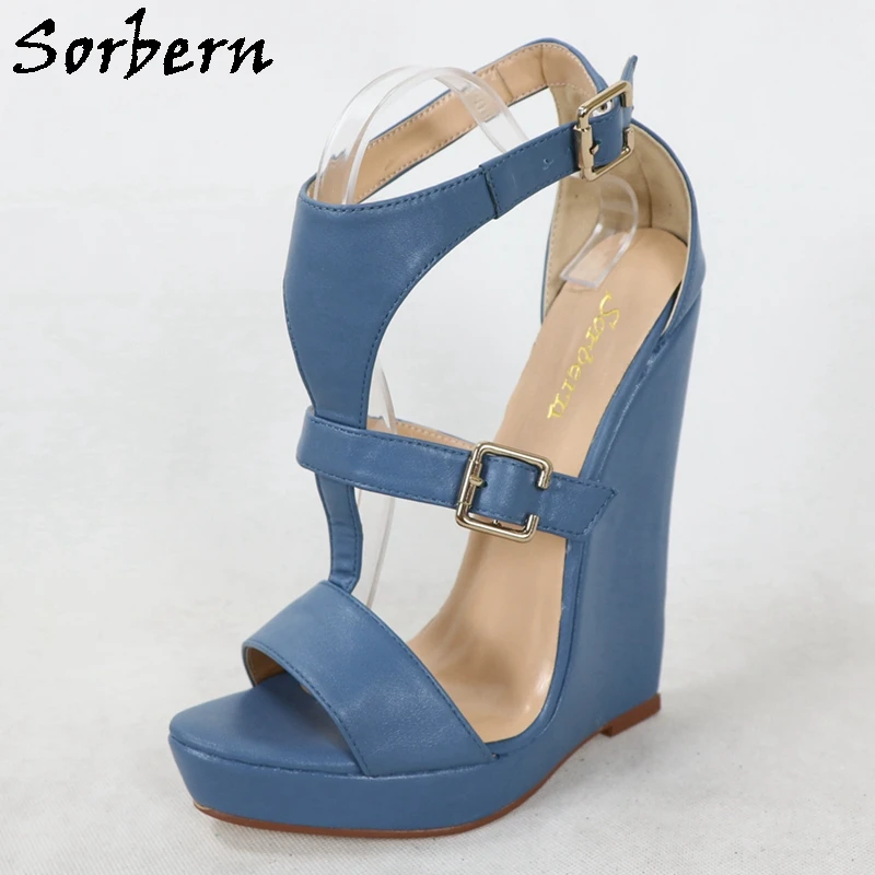 Sorbern Blue Women Sandals For Women Wedge High Heels T-Strap 16Cm Platform Summer Shoes Custom Colors