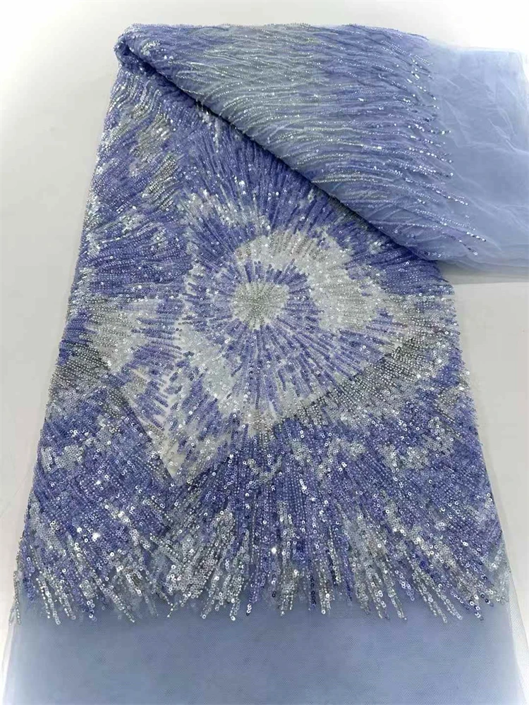 

African Heavy Beaded Lace Fabric, Nigerian Sequins Groom Fabric, Wedding Party Dress, High Quality, 5 Yards