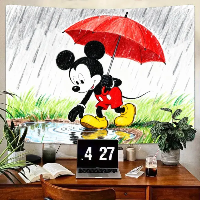 

1PC Cute Mickey Mouse Red Umbrella Rainy Day Puddle Tapestry Polyester Wall Art Bedroom Living Room Decor Gift for Disney Fans