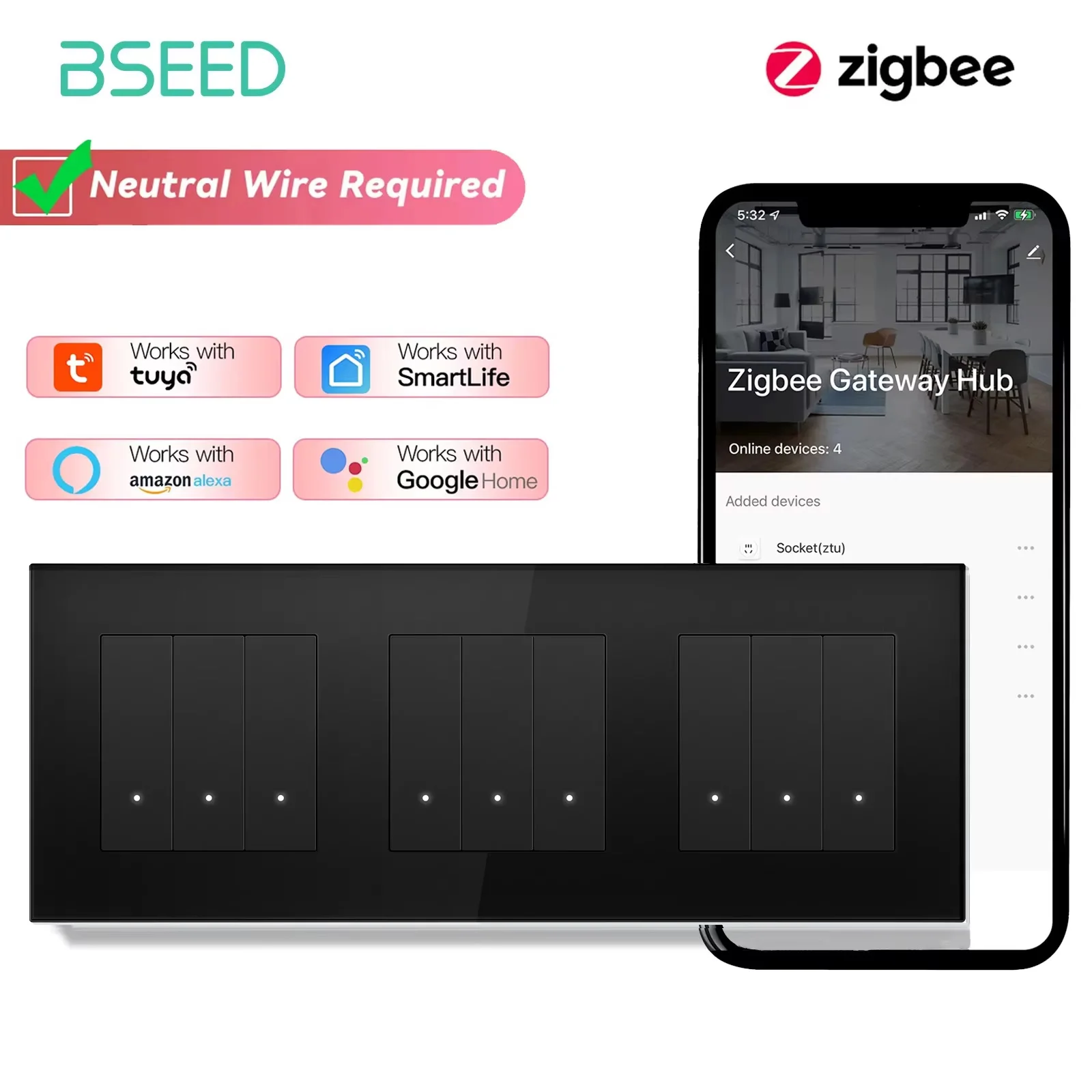 BSEED Zigbee 1/2/3Gang Smart Click Lichtschalter 1/2/3Way Tuya Smart Life Alexa kompatibel plus EU-Steckdosen Glasplatten 7