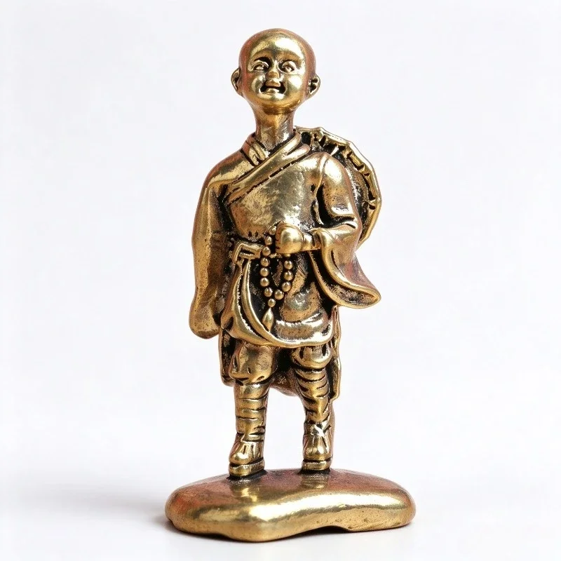 Brass Ancient Oriental Young Robed Figure Figurine, Retro Metal Statue, Desktop Tea Pet Ornament for Home Decor & Collection