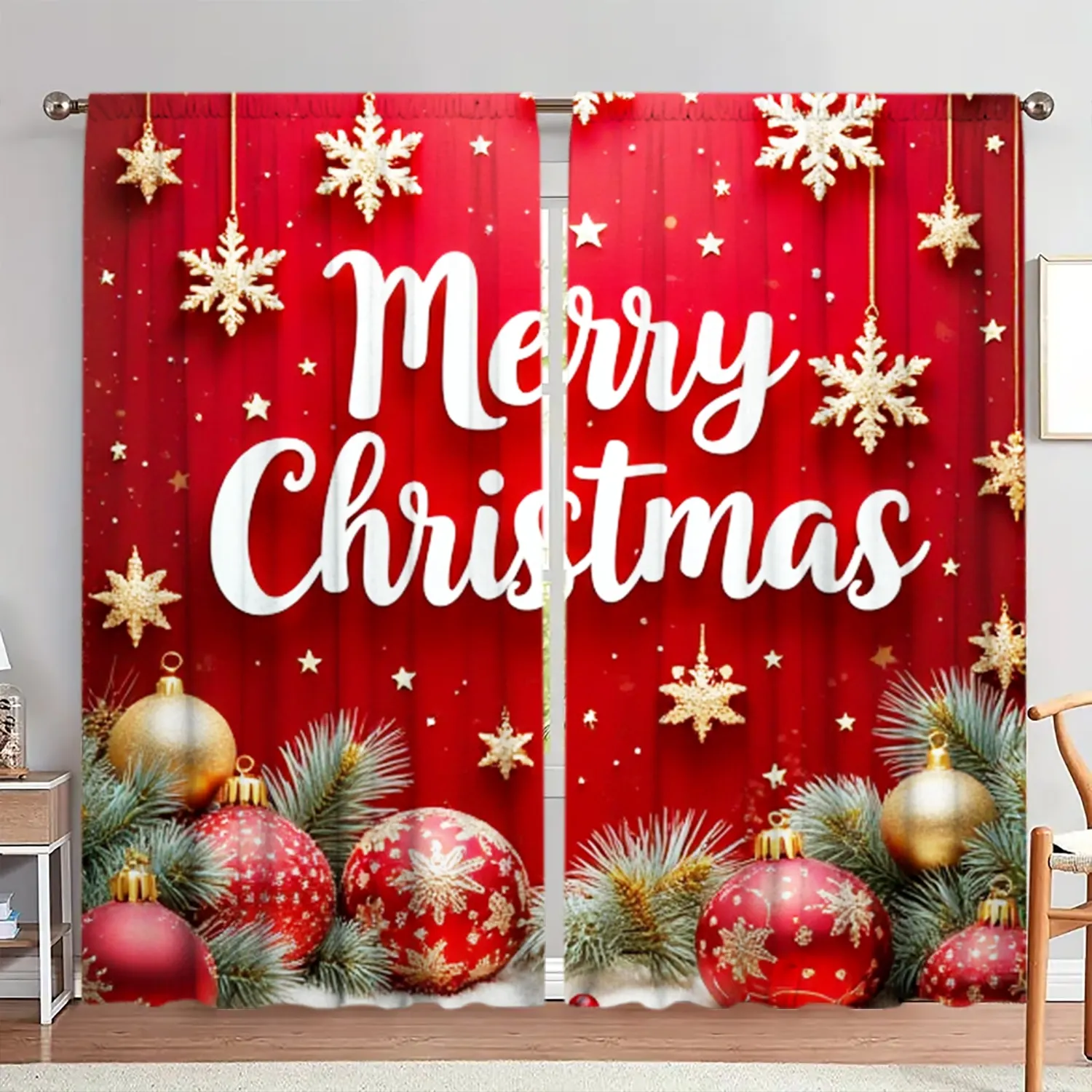 

2 шт., праздничная атмосфера с принтом веселого Рождества, занавеска для рождественского домашнего декора - карман с карманом для окна для спальни