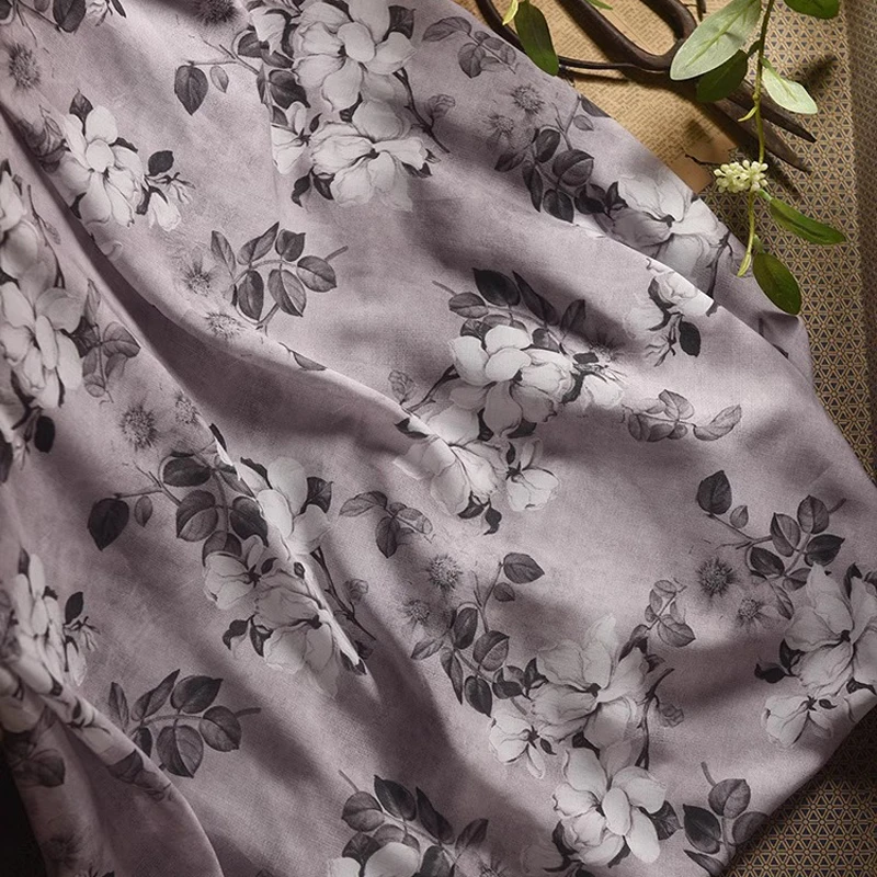 Gray White Floral 145CM Wide 130G/M Rayon Fabric,for Summer Thin Soft Dress Cheongsa Blouse R416