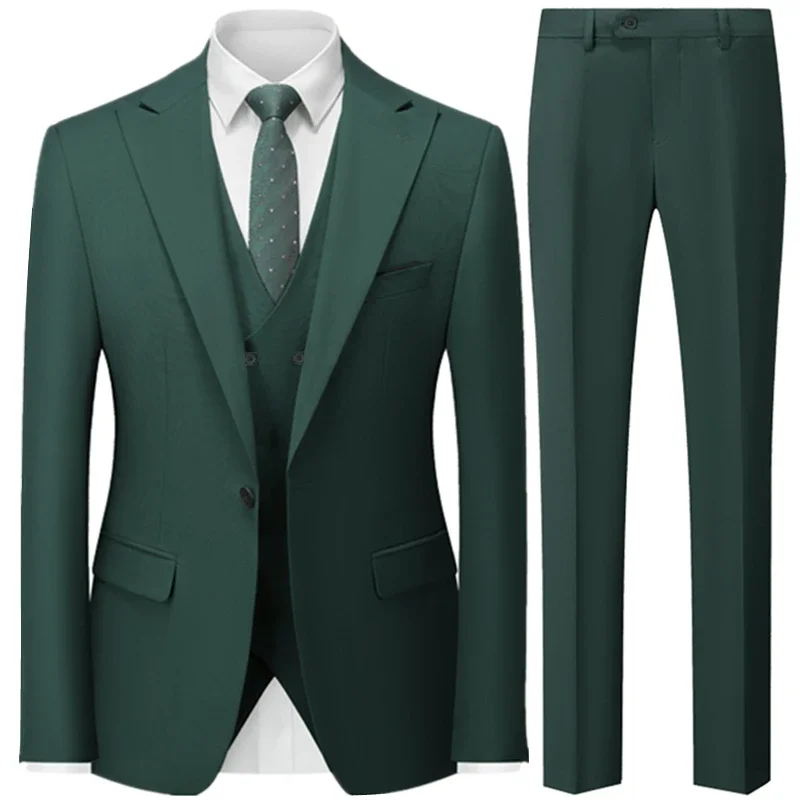 High End Slim Fit British Men's Suits Solid Color Elegant Wedding Dress Three Piece Blazer Vest  Long Pants  Kostume Homme 2024