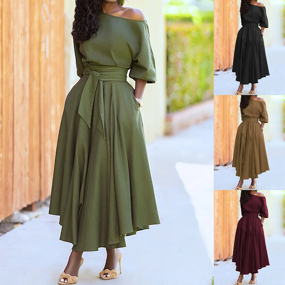 Women Summer Dress Solid Color Lantern Sleeve Belt Off Shoulder Pleated Mid-calf Vestidos Perfect for Casual Summer Days