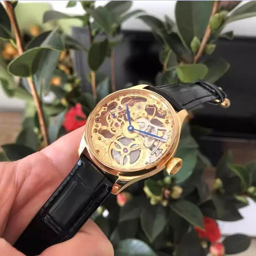 Men's mechanical watch 41mm gold-toned skeleton engraving ST3600SK manual movement blue lancet mechanical watch