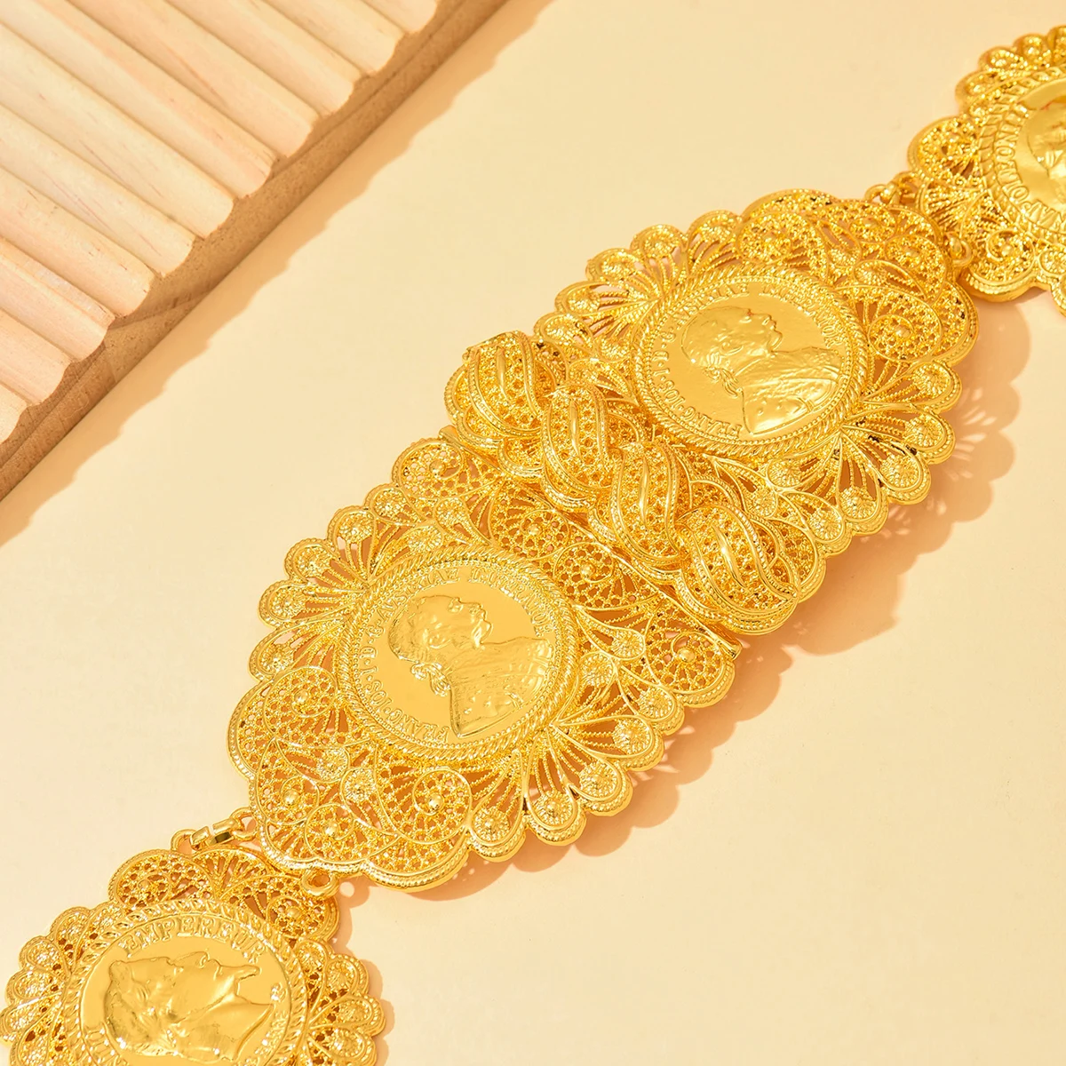 A Luxurious Golden Retro Ethnic Style Metal Hollow-Carved Round Portrait Design Adjustable Length Handmade Formal Event Belt image 4
