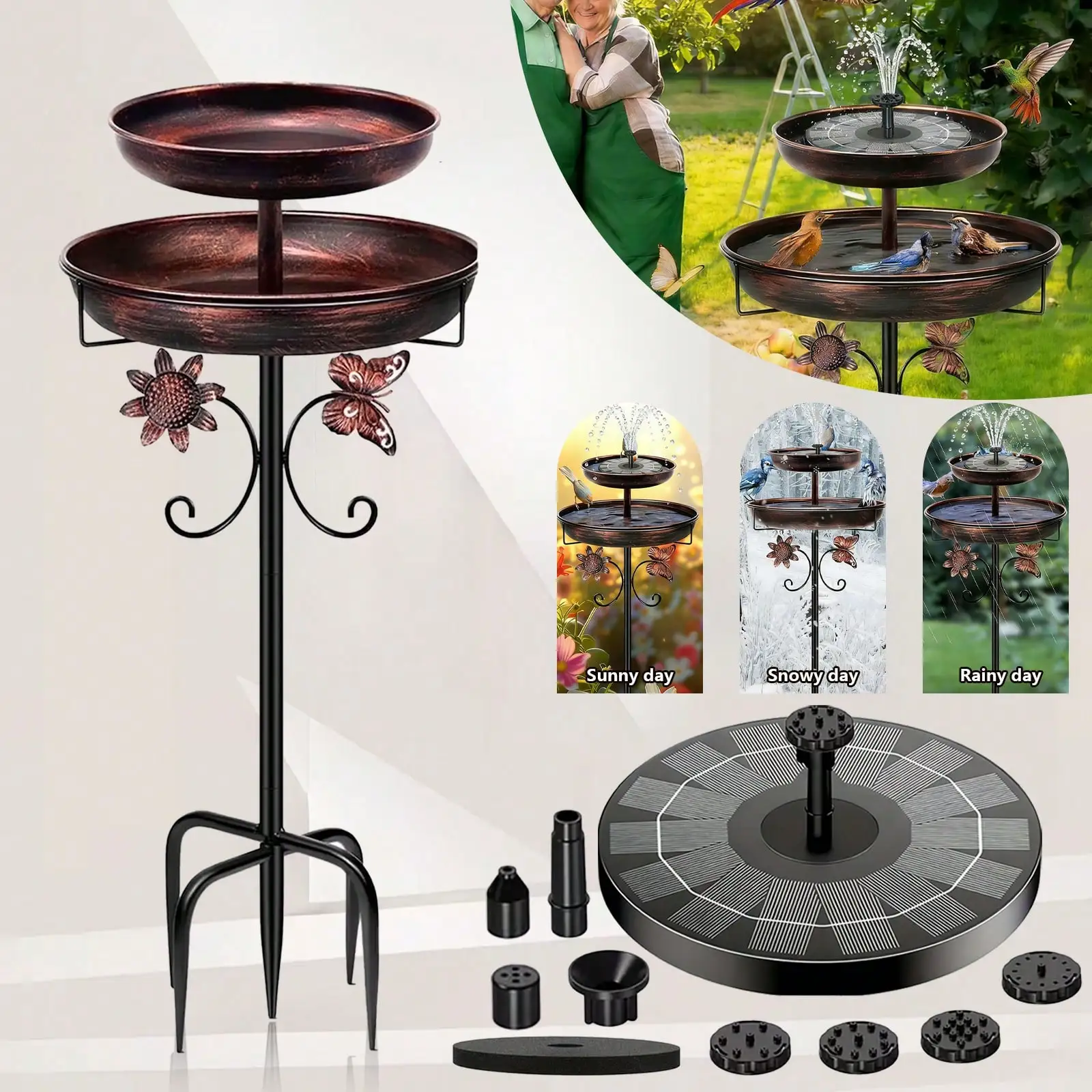 Heavy-Duty Metal Tiered Bird Bath with IPX8 Fountain, 12