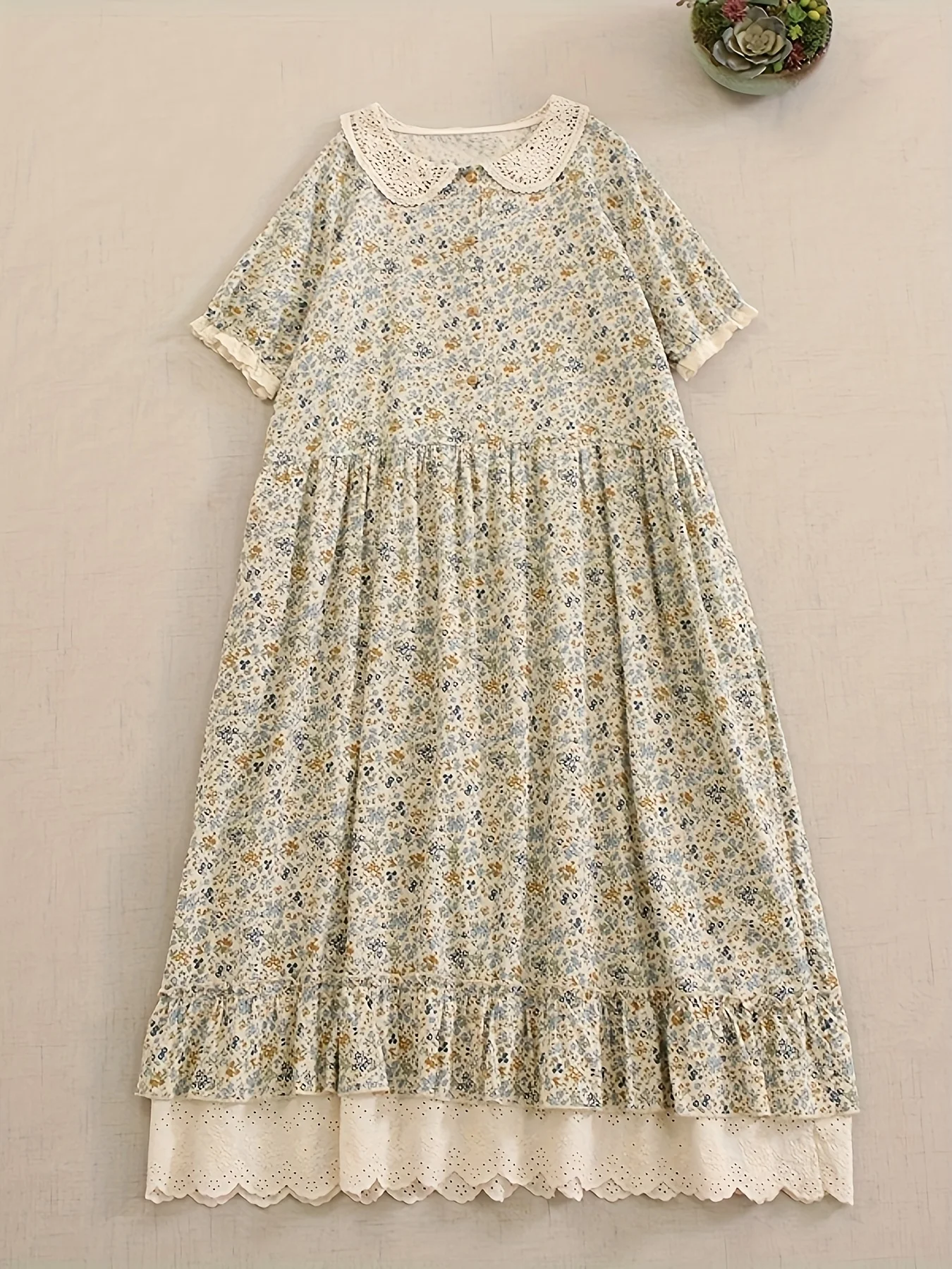 Spring and Summer New Style Loose Casual Versatile Half-Open Front Patchwork Embroidered Lace Hem Long Dress Japanese Mori Girl Style Floral Doll Collar Short-Sleeve Cotton Linen Dress
