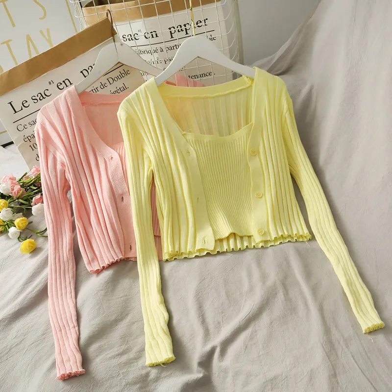2026 New Autumn Women V-neck Long Sleeve Knitted Cardigan Tops + Short Solid Color Sleeveless Camisole Two Pieces Sets