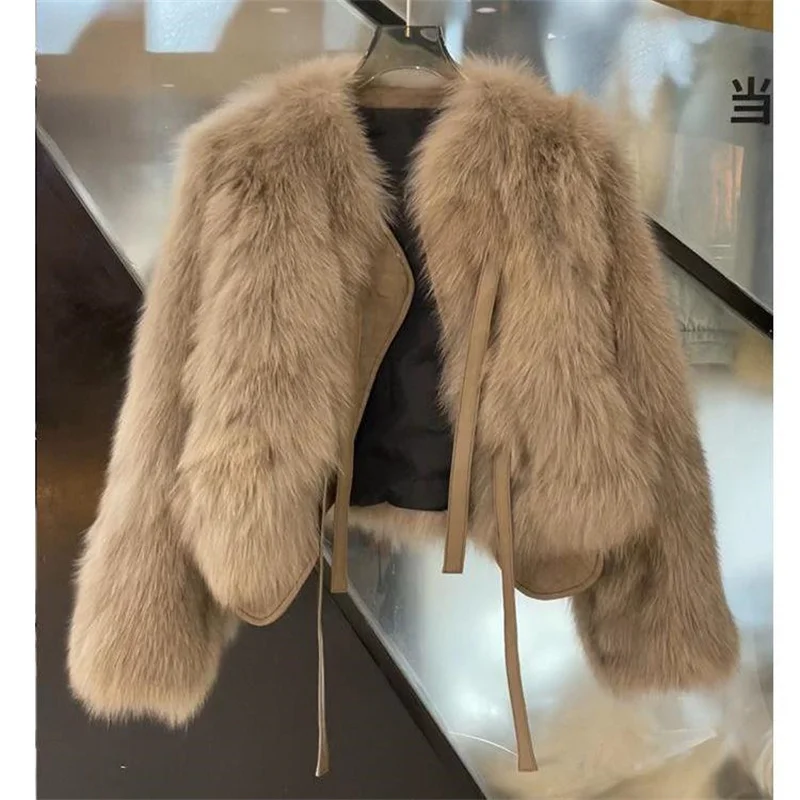 Women's Short Imitation Fox Fur Fur Coat 2023 Autumn/Winter Female New Korean Versatile Tie Up Thick Top Casual Warm Cardigan