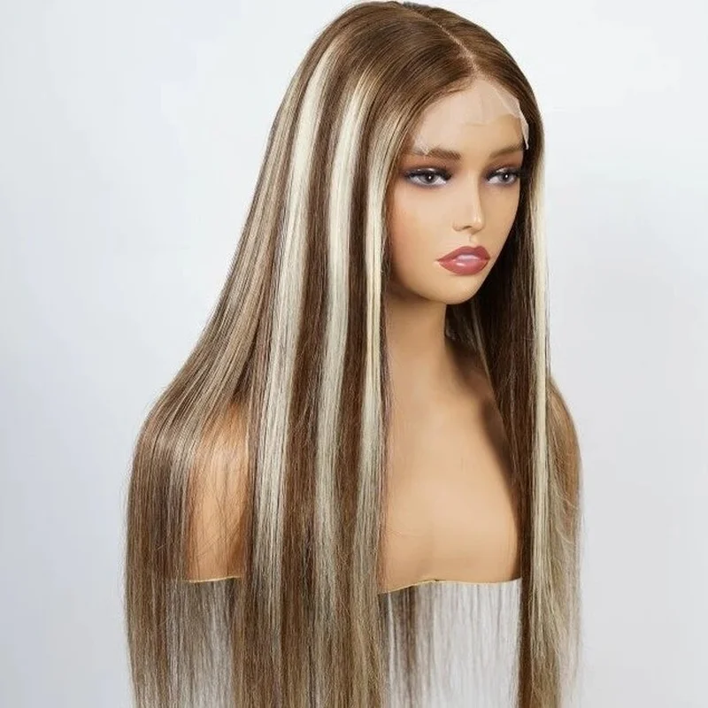Long Straight  Hair 4x4 Lace Front Wig PrePluck Blonde Brown Highlight