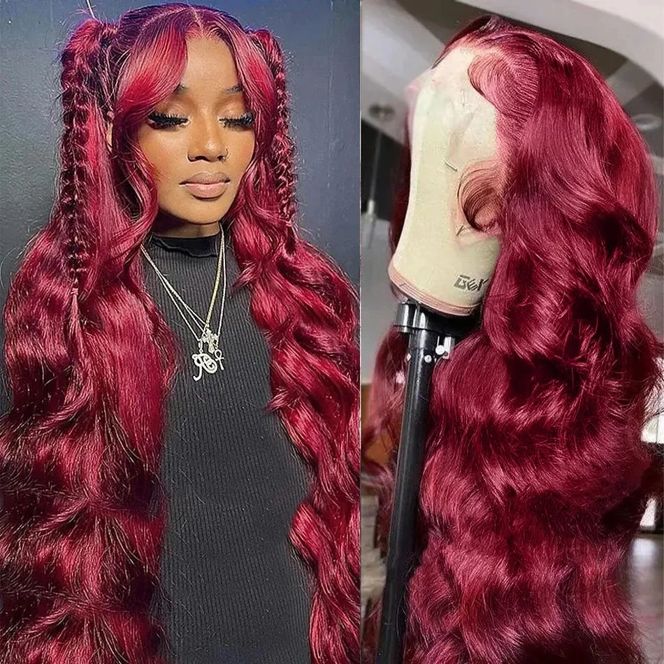 

28 30 32 Inch 13x4 Lace Front Wig 99J Burgundy 13x6 Lace Frontal Wigs Body Wave Human Hair Wig Red HD Transparent Wine Brazilian