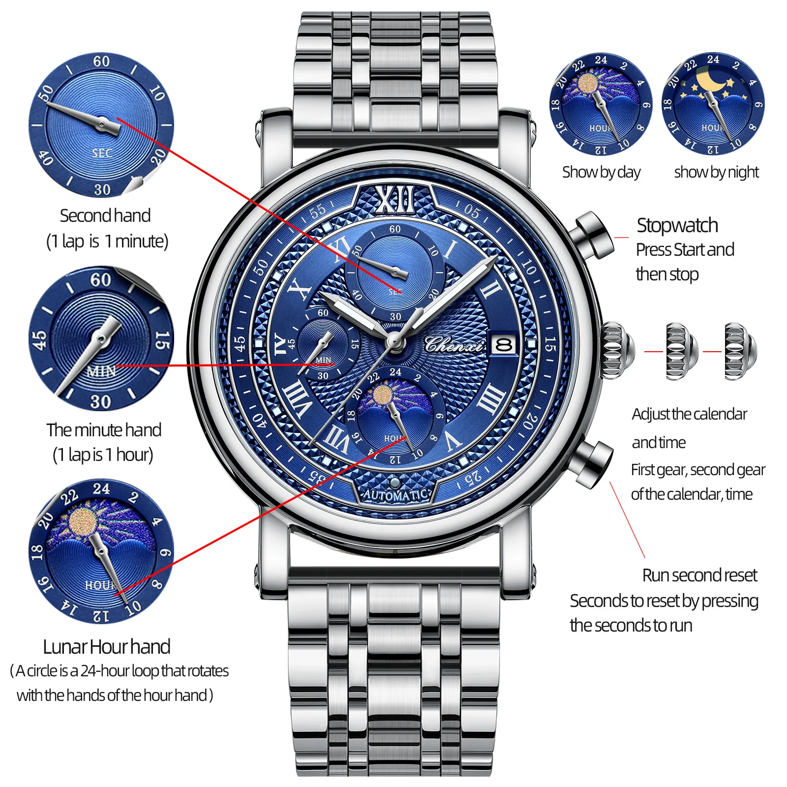 CHENXI جديد ساعات رياضية غير رسمية للرجل مقاوم للماء كرونوغراف القمر المرحلة تاريخ ساعات كوارتز 2025 ساعة رجال الأعمال الفاخرة